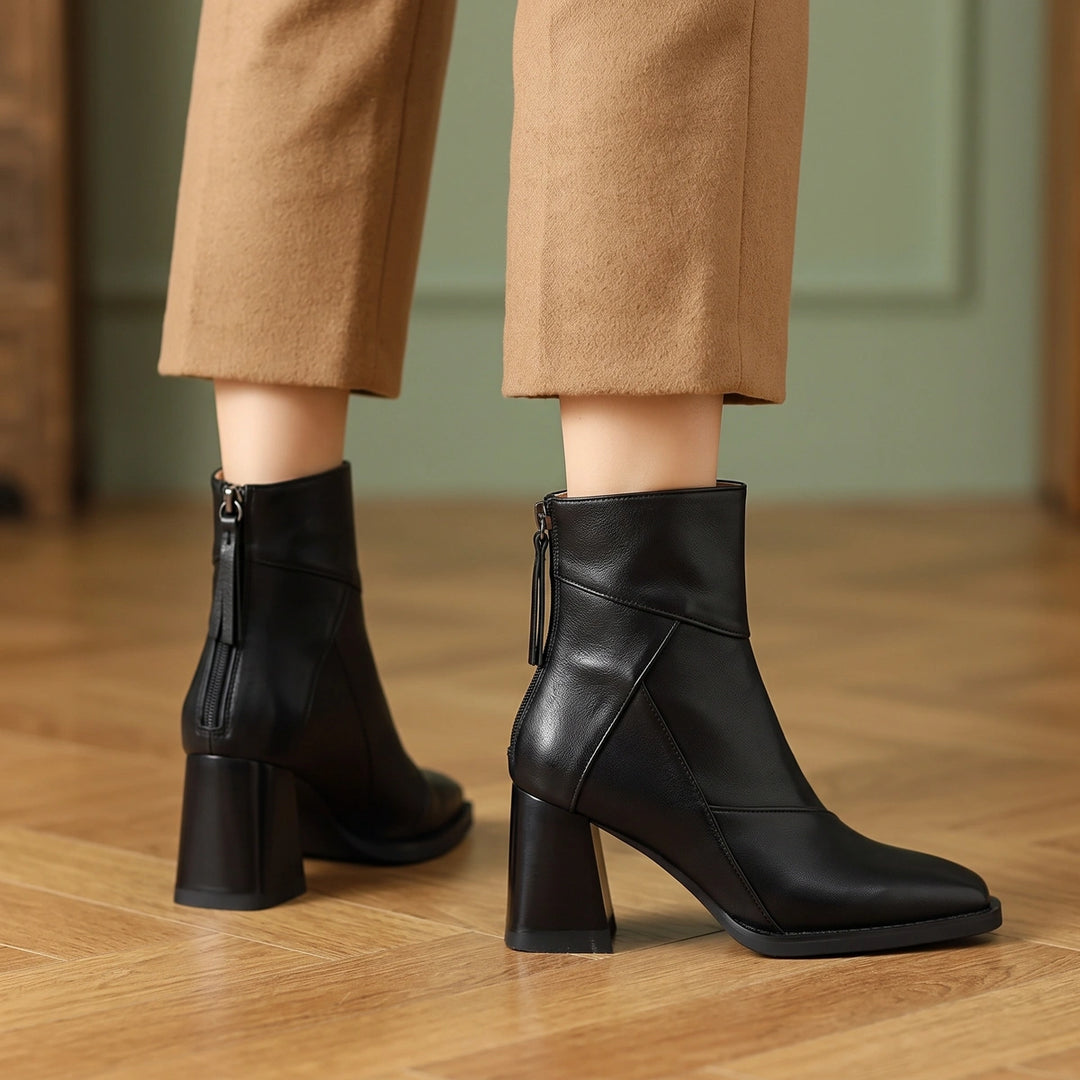 Marcia Patchwork Vegan Leather Block Heel Ankle Boots - Midnight