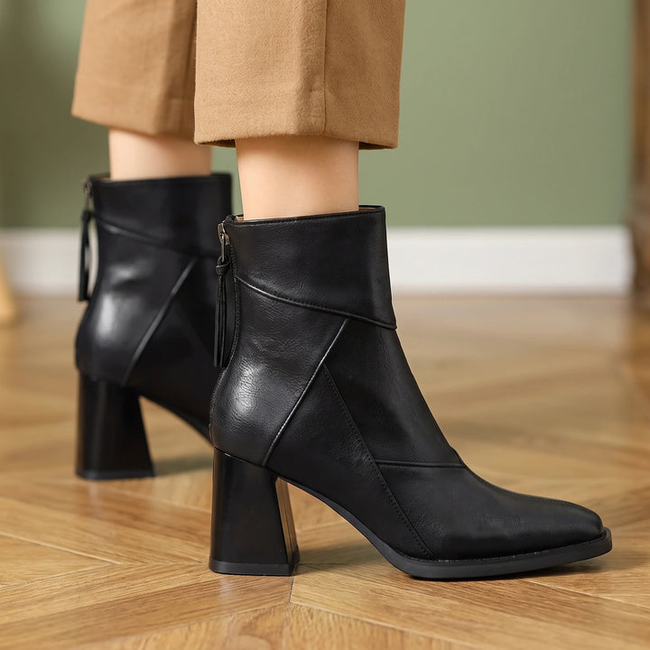 Marcia Patchwork Vegan Leather Block Heel Ankle Boots - Midnight