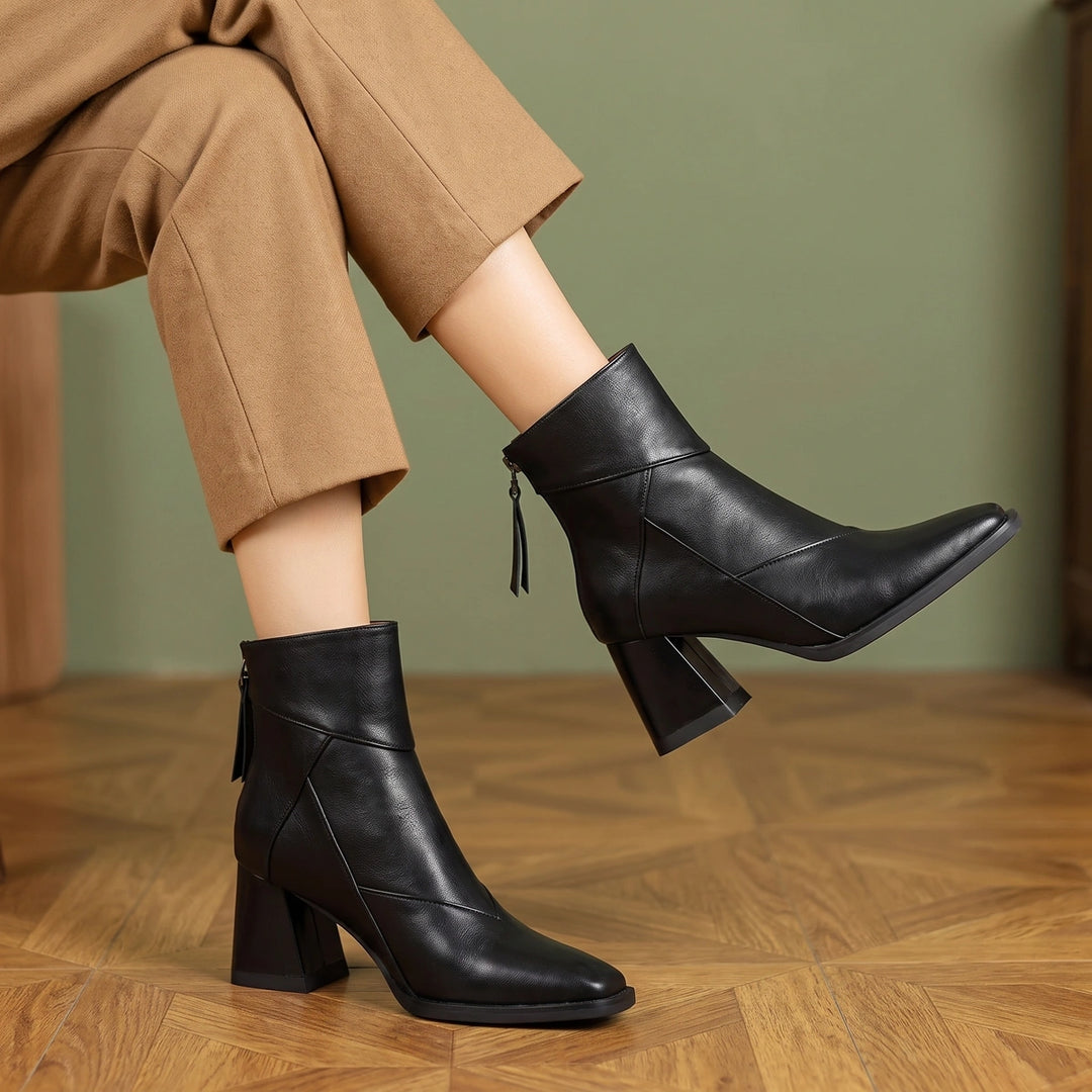 Marcia Patchwork Vegan Leather Block Heel Ankle Boots - Midnight