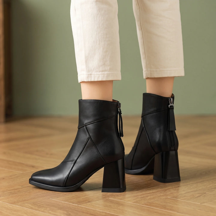 Marcia Patchwork Vegan Leather Block Heel Ankle Boots - Midnight