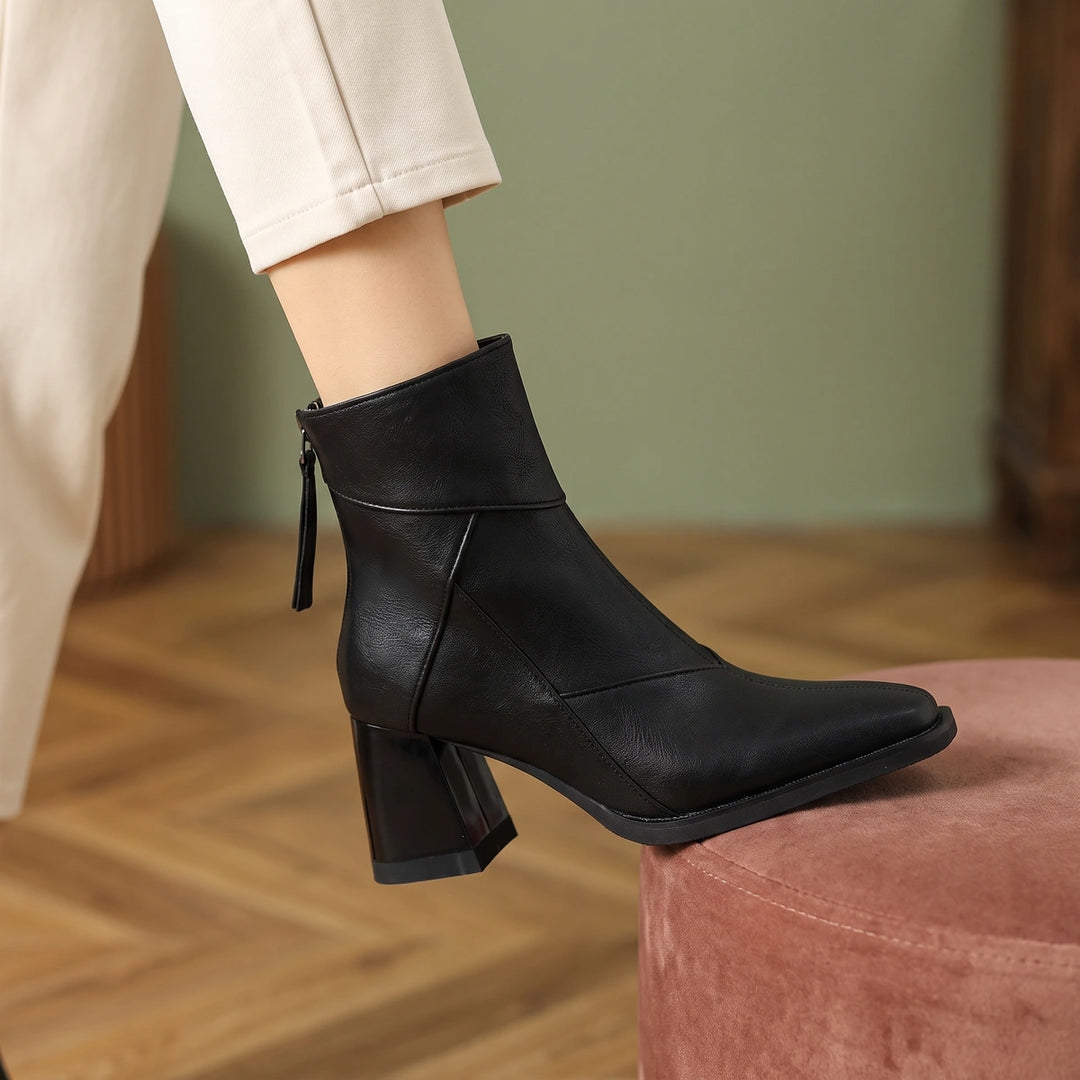 Marcia Patchwork Vegan Leather Block Heel Ankle Boots - Midnight