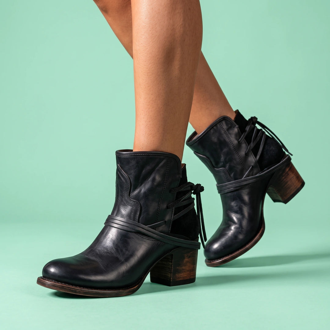 Margarita Wrapped Cord Stacked Heel Western Booties - Black