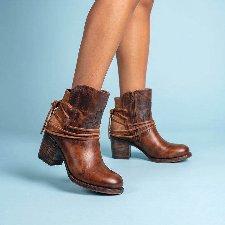 Margarita Wrapped Cord Stacked Heel Western Booties - Cognac