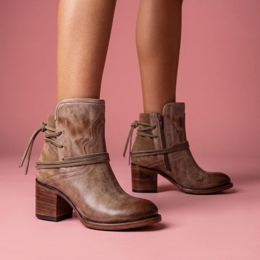 Margarita Wrapped Cord Stacked Heel Western Booties - Taupe