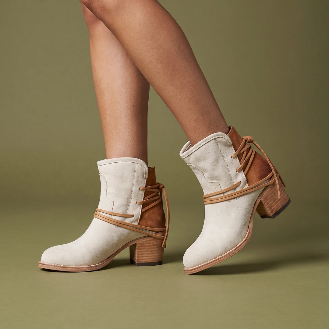 Margarita Wrapped Cord Stacked Heel Western Booties - White