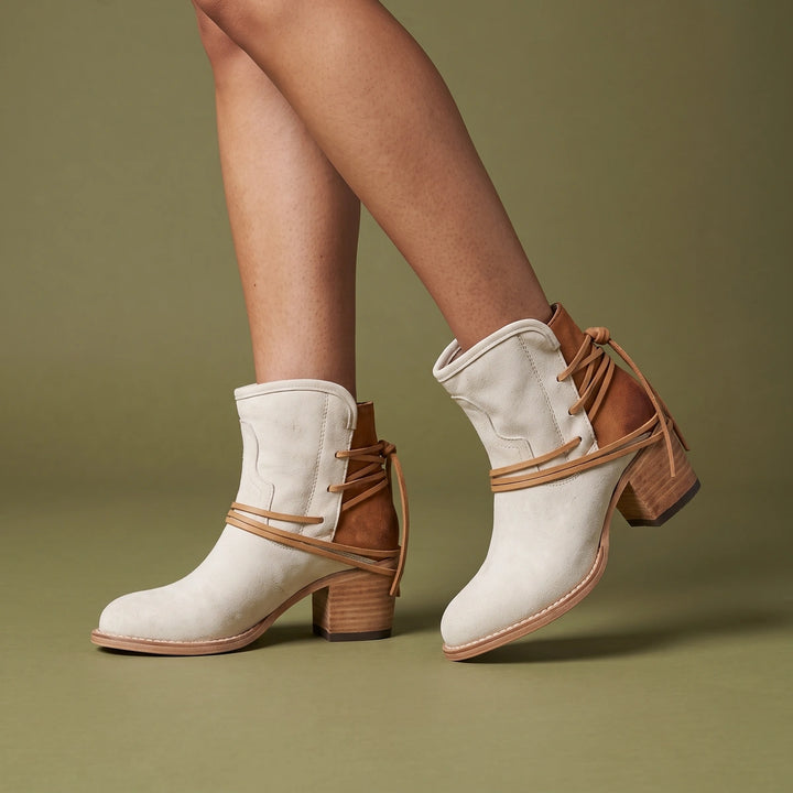 Margarita Wrapped Cord Stacked Heel Western Booties - White