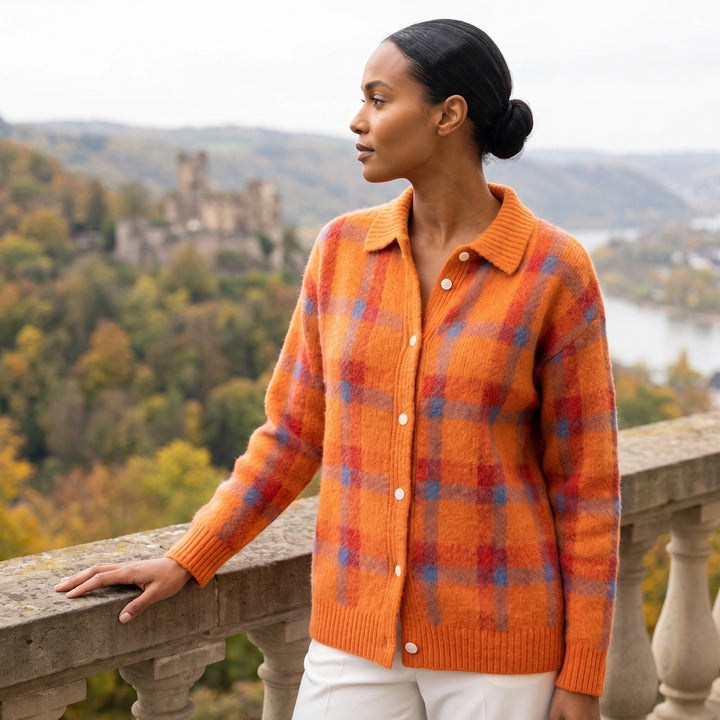 Margot Plaid Collared Knit Shacket - Orange
