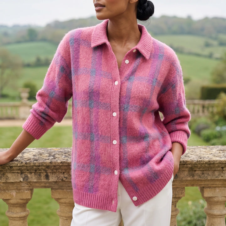Margot Plaid Collared Knit Shacket - Pink