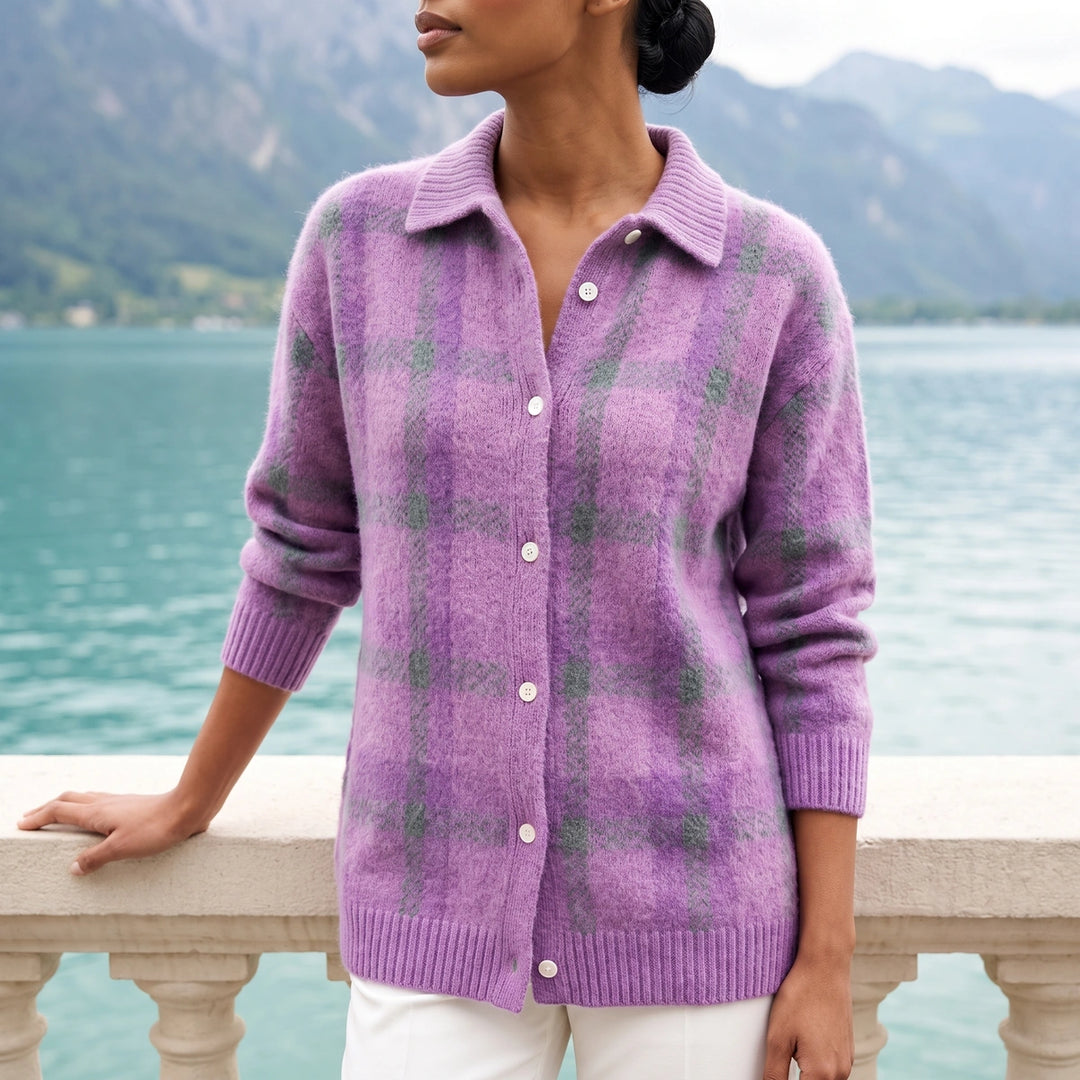 Margot Plaid Collared Knit Shacket - Purple