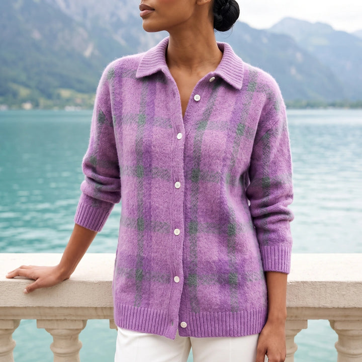 Margot Plaid Collared Knit Shacket - Purple