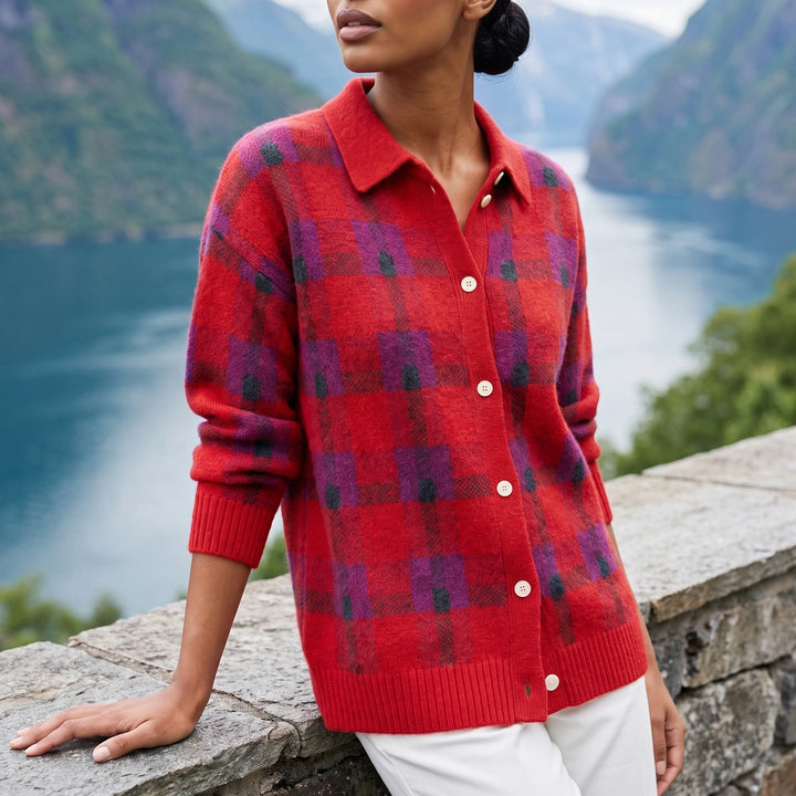 Margot Plaid Collared Knit Shacket - Red