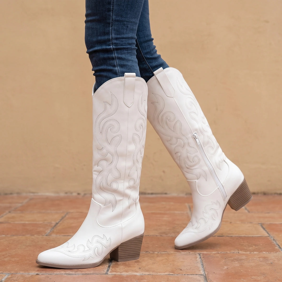 Marian Embroidered Vegan Leather Knee High Cowboy Boots - White