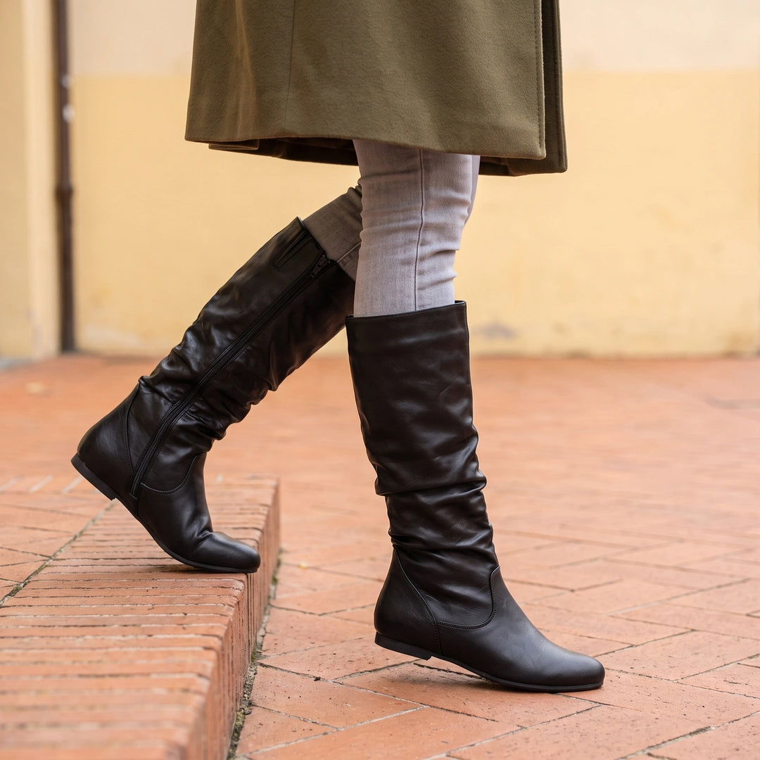 Marjorie Slouchy Flat Zip Mid Calf Boots - Black