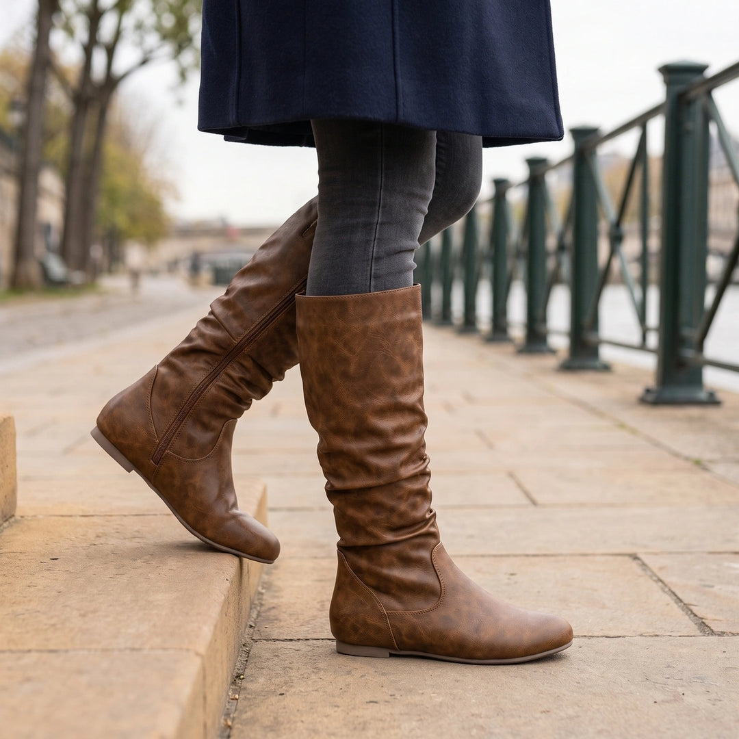 Marjorie Slouchy Flat Zip Mid Calf Boots - Brown