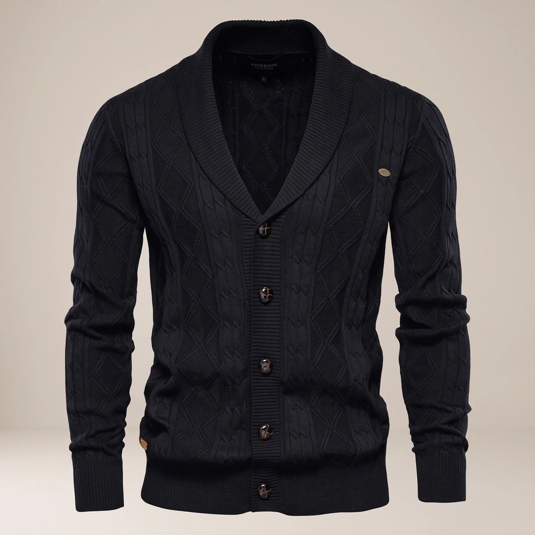 Marshall Cotton Diamond Cable Shawl Collar Cardigan - Black