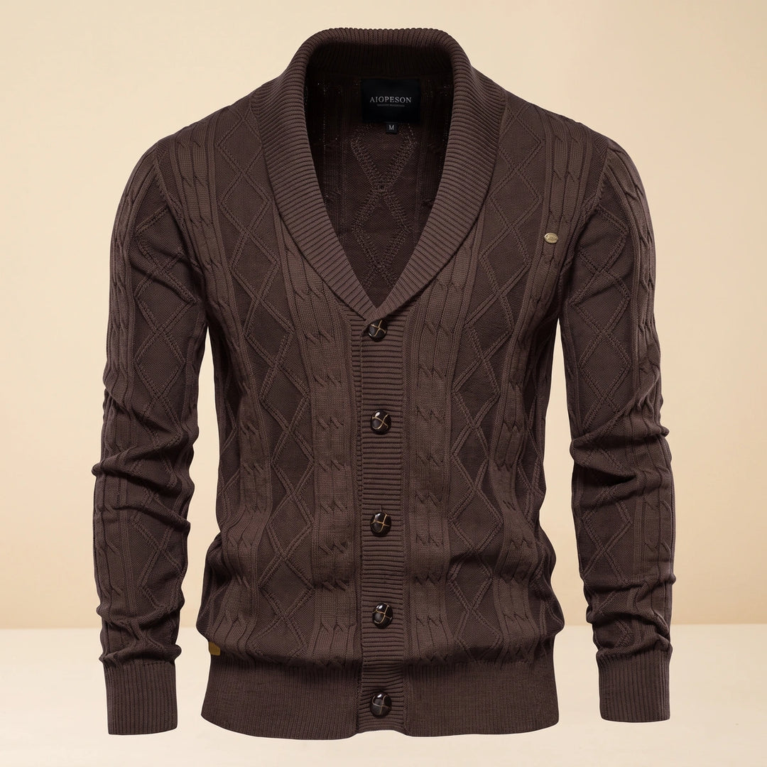 Marshall Cotton Diamond Cable Shawl Collar Cardigan - Brown