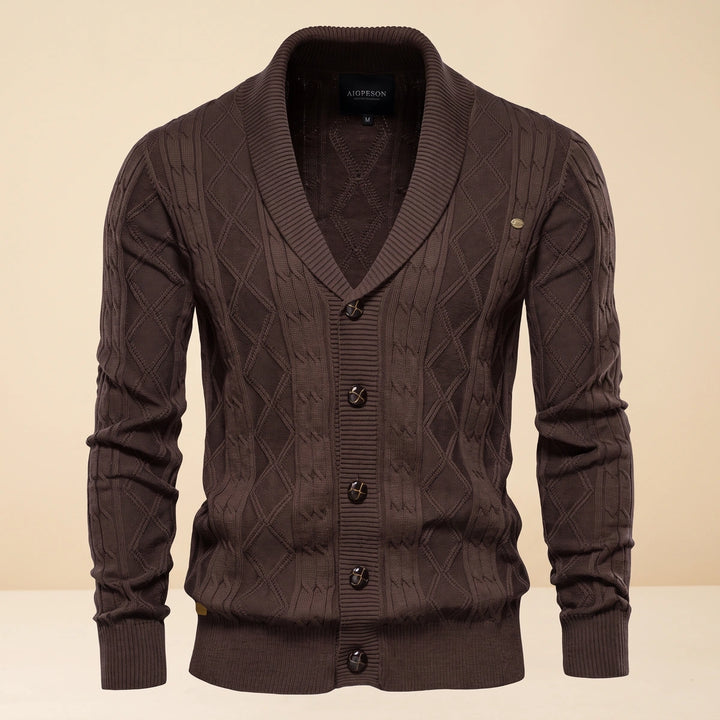 Marshall Cotton Diamond Cable Shawl Collar Cardigan - Brown