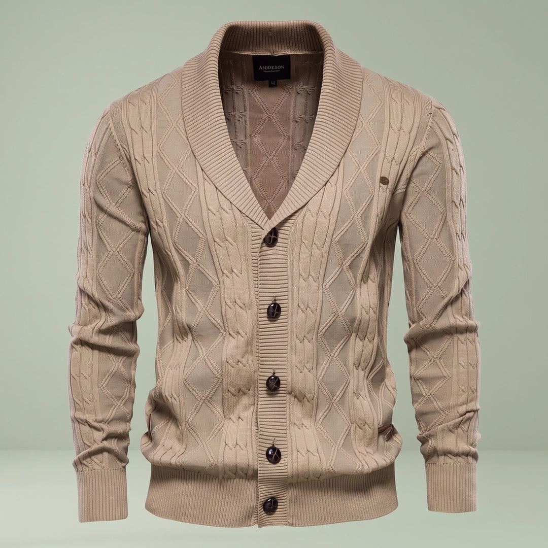 Marshall Cotton Diamond Cable Shawl Collar Cardigan - Khaki