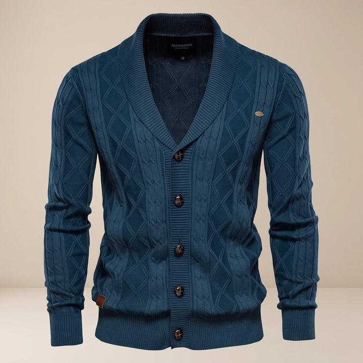 Marshall Cotton Diamond Cable Shawl Collar Cardigan - Navy Blue