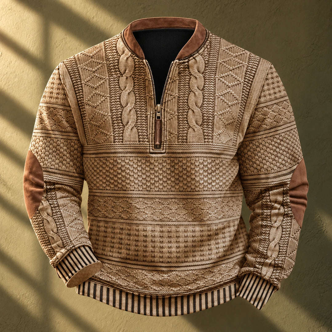 Matthew Cable Knit Elbow Patch Quarter Zip Pullover - Beige