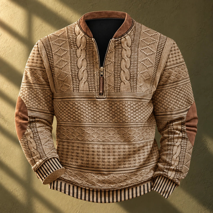 Matthew Cable Knit Elbow Patch Quarter Zip Pullover - Beige