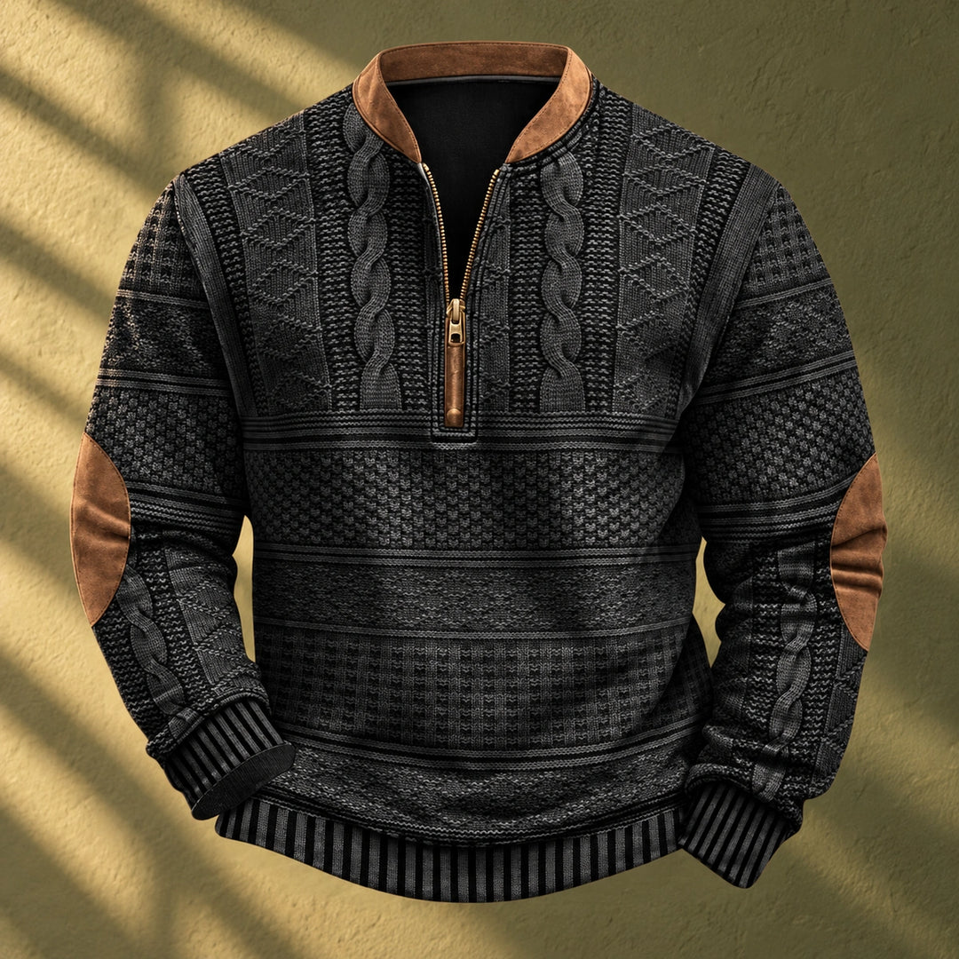 Matthew Cable Knit Elbow Patch Quarter Zip Pullover - Black