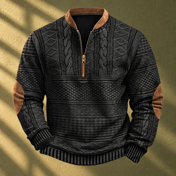 Matthew Cable Knit Elbow Patch Quarter Zip Pullover - Black