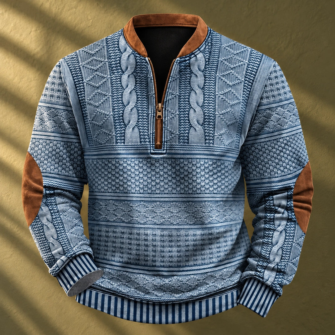Matthew Cable Knit Elbow Patch Quarter Zip Pullover - Blue