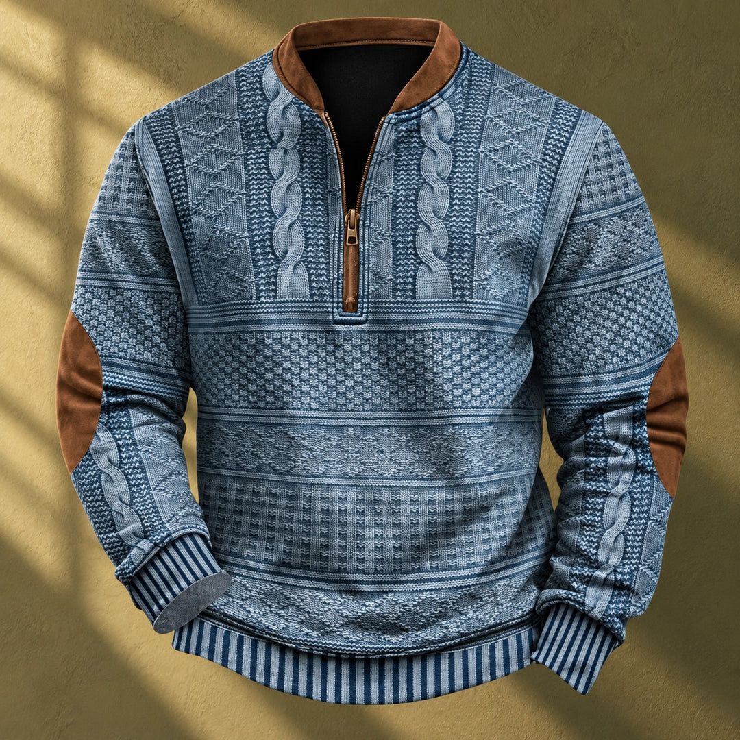 Matthew Cable Knit Elbow Patch Quarter Zip Pullover - Blue