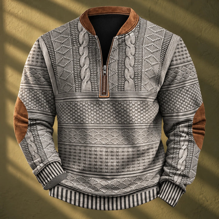 Matthew Cable Knit Elbow Patch Quarter Zip Pullover - Gray