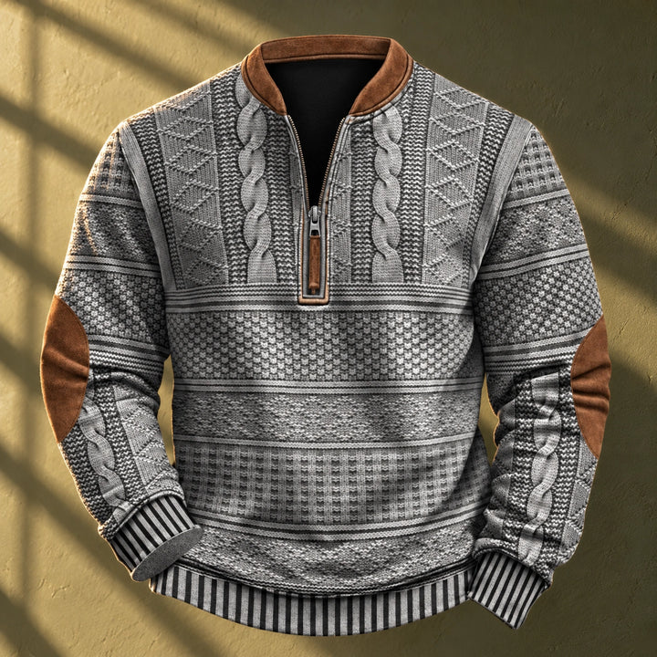 Matthew Cable Knit Elbow Patch Quarter Zip Pullover - Gray