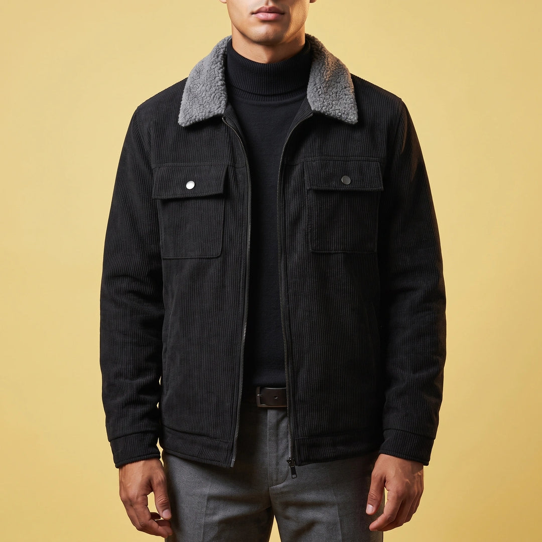 Mattias Corduroy Sherpa Collar Zip Jacket - Black