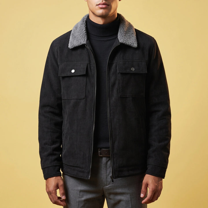 Mattias Corduroy Sherpa Collar Zip Jacket - Black
