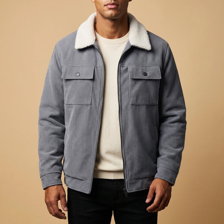 Mattias Corduroy Sherpa Collar Zip Jacket - Gray