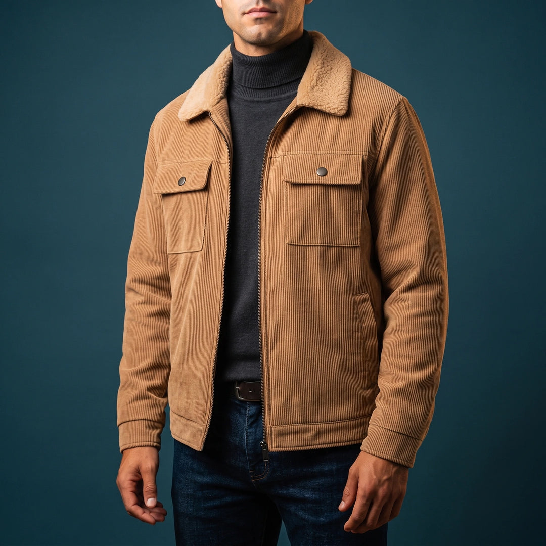 Mattias Corduroy Sherpa Collar Zip Jacket - Khaki