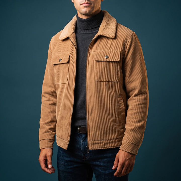 Mattias Corduroy Sherpa Collar Zip Jacket - Khaki