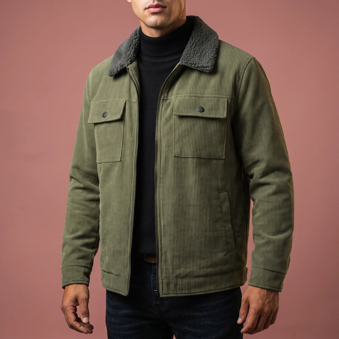 Mattias Corduroy Sherpa Collar Zip Jacket - Olive