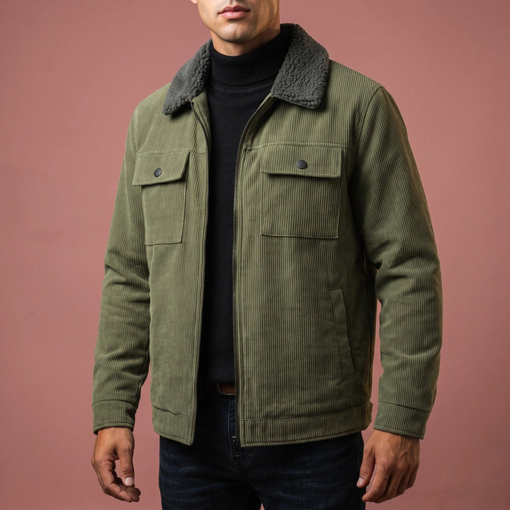 Mattias Corduroy Sherpa Collar Zip Jacket - Olive