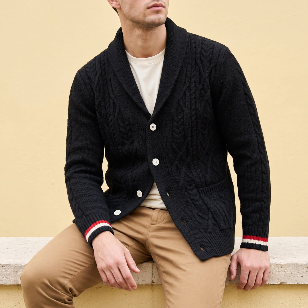 Maurice Cable Knit Shawl Collar Striped Cuff Cardigan - Black