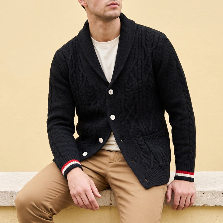 Maurice Cable Knit Shawl Collar Striped Cuff Cardigan - Black