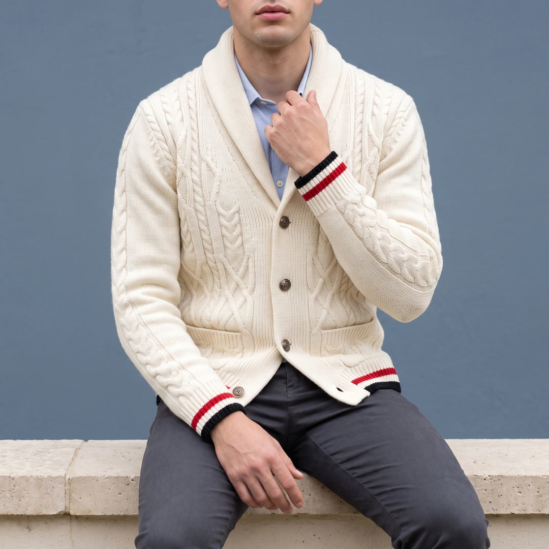 Maurice Cable Knit Shawl Collar Striped Cuff Cardigan - Cream