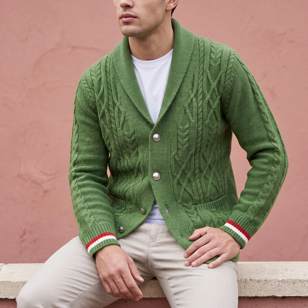 Maurice Cable Knit Shawl Collar Striped Cuff Cardigan - Green