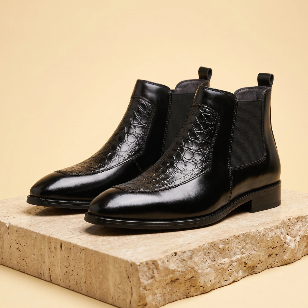 Maximilian Croc Embossed Leather Chelsea Boots - Black