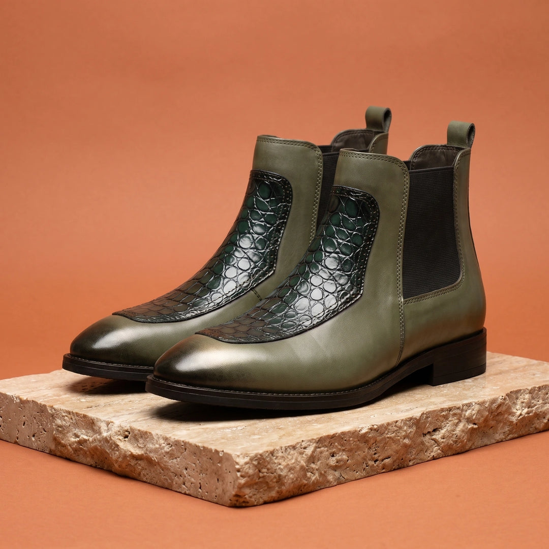 Maximilian Croc Embossed Leather Chelsea Boots - Olive Green