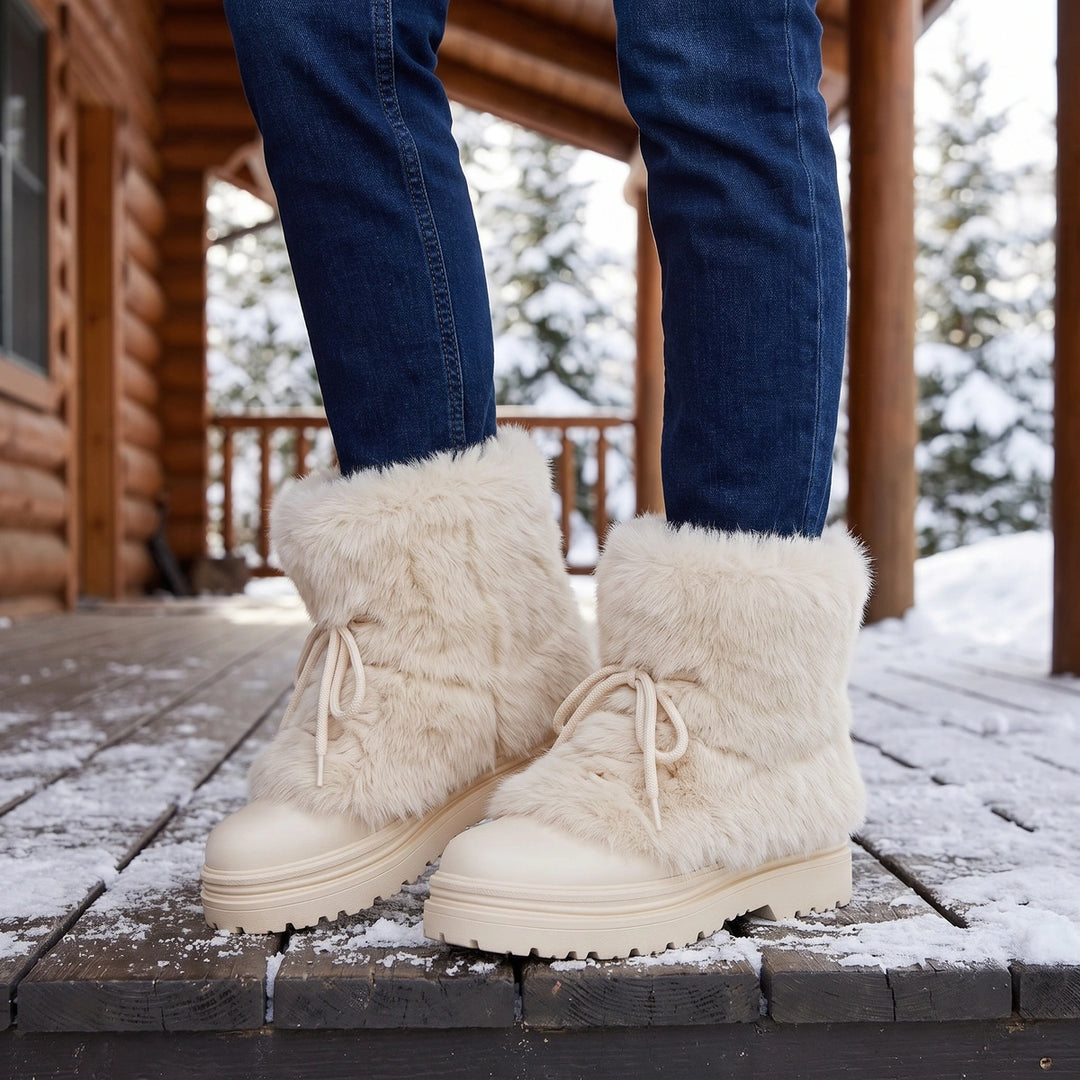 Melissa Faux Fur Lace Up Platform Winter Boots - Beige