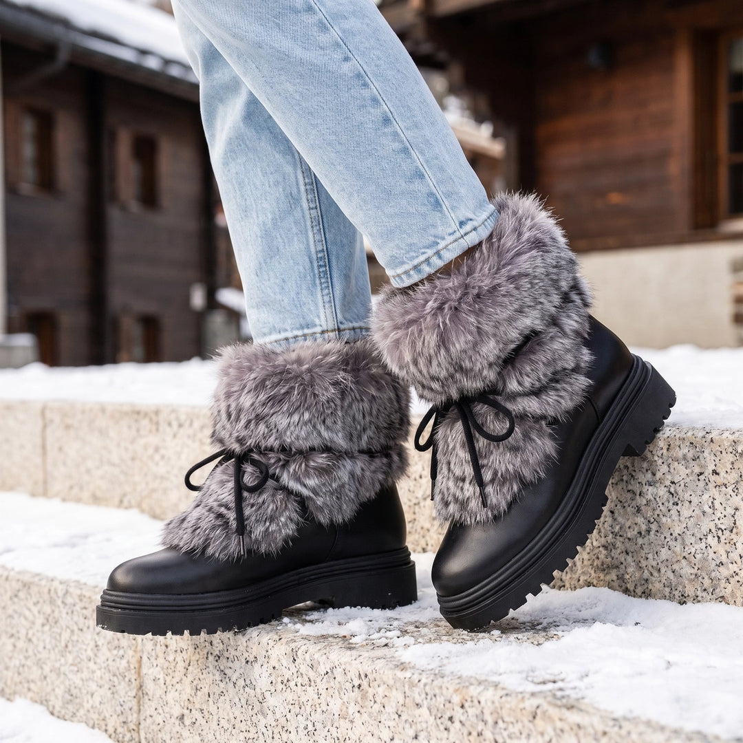 Melissa Faux Fur Lace Up Platform Winter Boots - Black