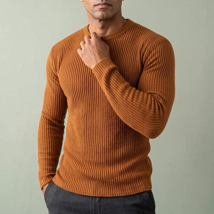 Mervyn Fine Rib Knit Slim Crew Neck Sweater - Brown