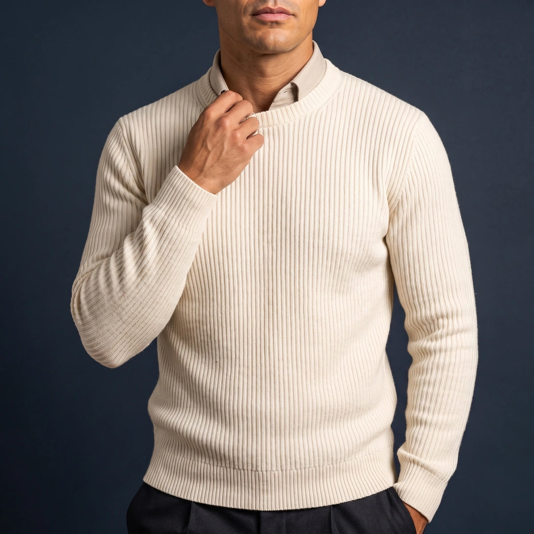 Mervyn Fine Rib Knit Slim Crew Neck Sweater - White