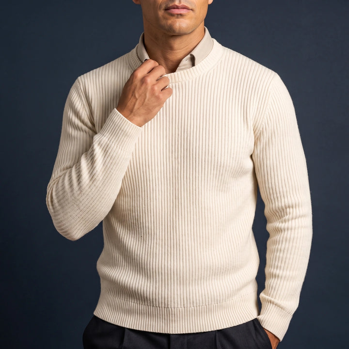 Mervyn Fine Rib Knit Slim Crew Neck Sweater - White
