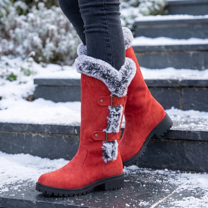 Mireya Vegan Suede Fur Trim Buckle Strap Winter Boots - Red